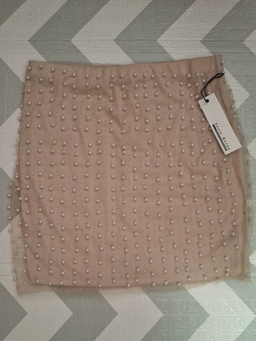 Haute Monde Halogen Beige Mini Skirt with Faux Pearls